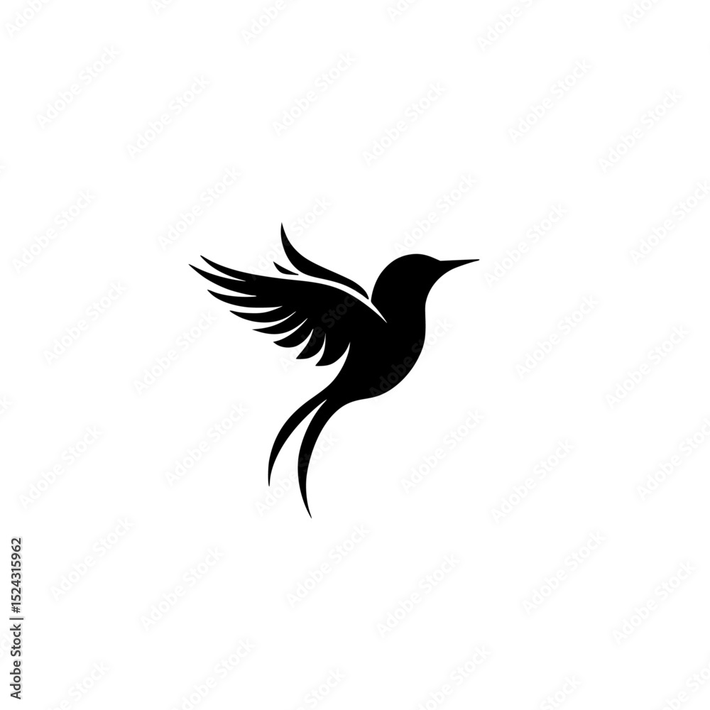 Fototapeta premium a black silhouette of a small bird with spread wings for tattoo or logo bird, black, design, hummingbird, logo, silhouette, small, tattoo, wing , Generative art.
