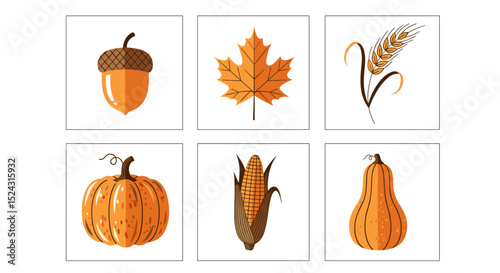 A collection of autumn themed images including acorn maple leaf wheat pumpkin corn and butternut squash art