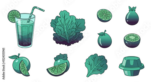 An illustration of a drink with lime and straw next to leafy greens and various cut green fruits shown