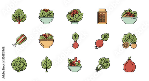 Illustration showing various vegetables and salads including spinach radish and other leafy greens in bowls