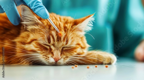 mosquitoes interacting with animals A cat receiving veterinary care with a focused expression and a gloved hand nearby.