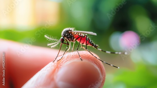 mosquitoes interacting with animals A close-up of a mosquito perched on a person's fingertip in a blurred outdoor setting.