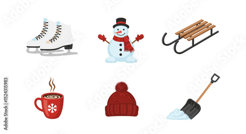 A collection of winter themed items including ice skates a snowman a sled and a cup of hot cocoa