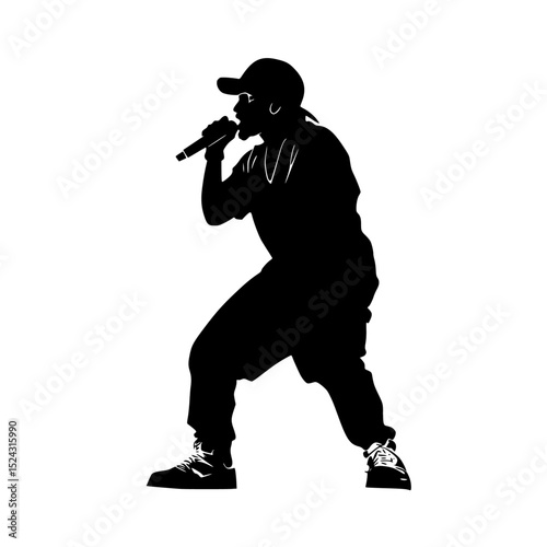 a black silhouette of a singer singing into a microphone black, man, microphone, silhouette, singe, singer , Generative art.