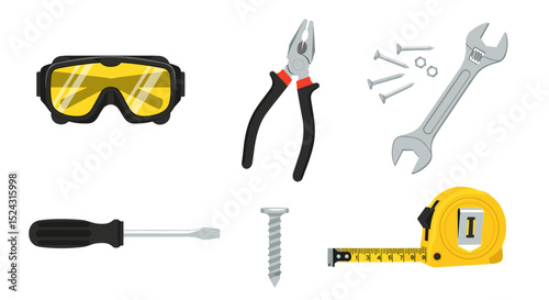 Illustration of safety goggles, pliers, screws, wrench, screwdriver, screw and tape measure tools