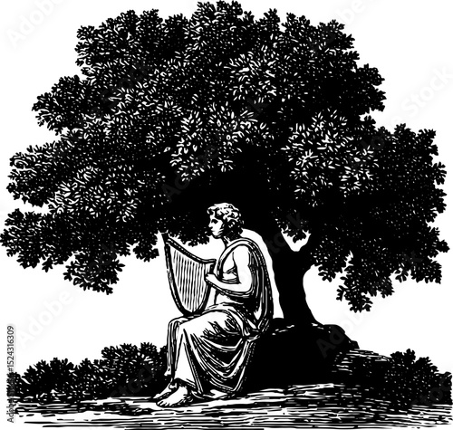 Apollo playing lyre in serene nature scene engraving for classical art inspiration