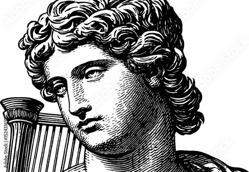 Classical apollo sculpture with lyre engraving for art and design