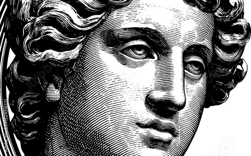 Engraved artistic depiction of apollo with lyre in classical greek style