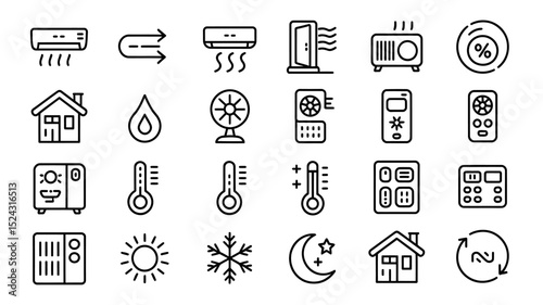 HVAC System A Set of 20 Black and White Line Art Icons for Climate Control