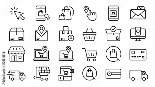 A Set of 20 Black and White Line Art Icons for E-commerce and Online Shopping