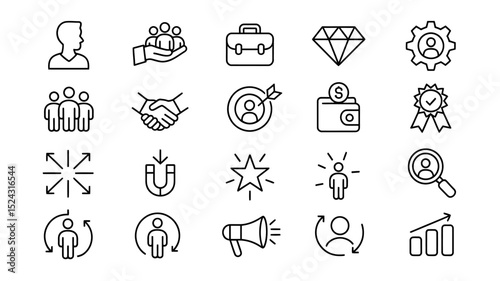 A Set of 20 Black and White Line Art Icons Business, Teamwork, and Success