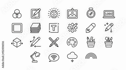 A Set of 20 Minimalist Line Art Icons Design, Creativity, and Technology Symbols