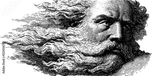 Engraved illustration of boreas the icy bearded wind god in classical art