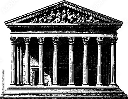 Classical architecture engraving of ancient greek temple with columns and pediment