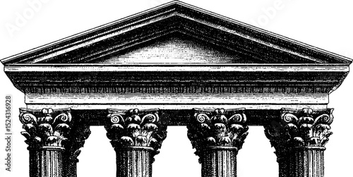 Engraved classical architecture with corinthian columns and detailed pediment design