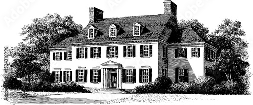 Engraved illustration of colonial architecture with historical charm