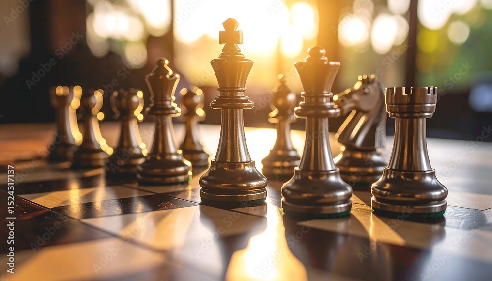 Close-Up of Metallic Chess Pieces on Wooden Board Bathed in Soft Golden Hour Light Close-Up of Metallic Chess Pieces on Wooden Board Bathed in Soft Golden Hour Light