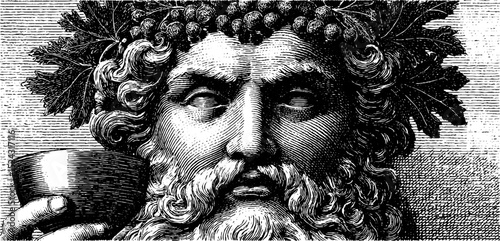 Engraved illustration of dionysus with grapevine - mythological art for classical design