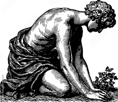 Engraved illustration of dying gaul statue in kneeling position - classical art