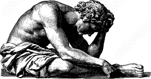 Classic engraving of the dying gaul statue - historical art in monochrome for educational and design use