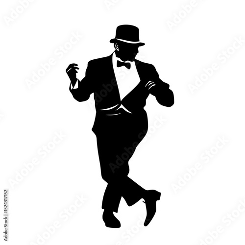 a black silhouette of a man dressed in a tuxedo with a top hat and tie black, dance, dress, hat, man, silhouette, suit, tie, tuxedo, wear , Generative art.