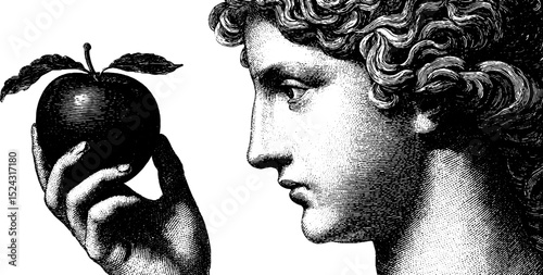 Mythological depiction of eris holding the golden apple of discord in engraved style