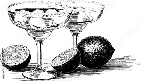 Engraved artistic illustration of frozen cocktails with refreshing lime slices for beverage design