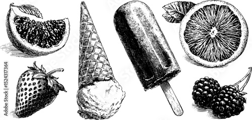 Engraved illustration of frozen summer treats: ice cream and fruits for design use