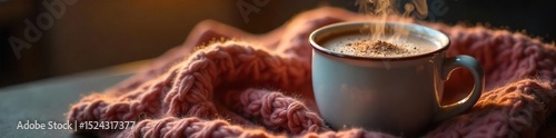 A steaming mug of hot cocoa sits on a cozy knitted blanket, radiating warmth and comfort Perfect for relaxation on a chilly evening Enjoy the soothing heat and unwind , tranquil, relaxation
