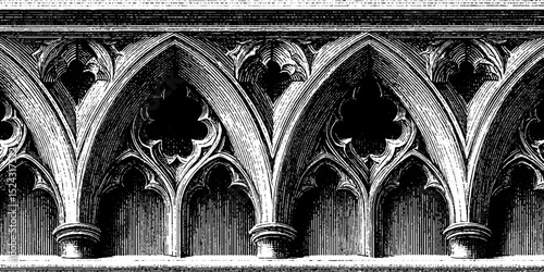 Gothic architecture engraving featuring intricate arches and ornate designs for historical art design