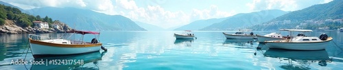 Serene scene of several small boats gently resting at a tranquil harbor, peacefully bobbing on calm water, reflecting the clear sky Perfect for travel, relaxation, or nautical themes , peaceful, sky