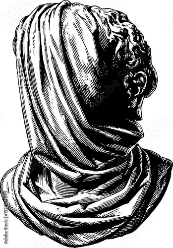 Engraved illustration of a draped headless statue for artistic design and historical study