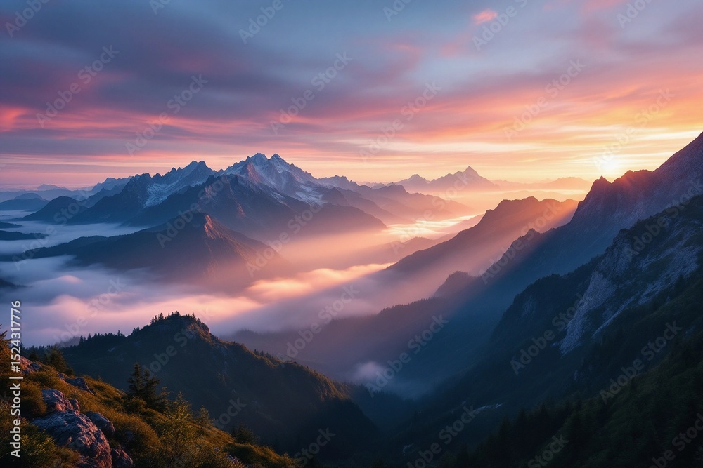 Obraz premium Majestic Sunrise over Misty Mountain Ranges