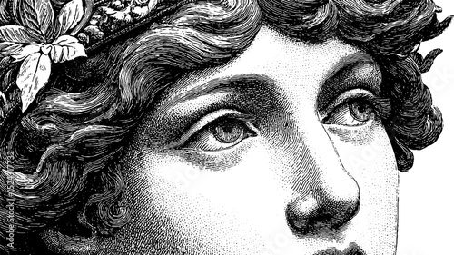 Engraved illustration of hera wearing a crown with pea motif