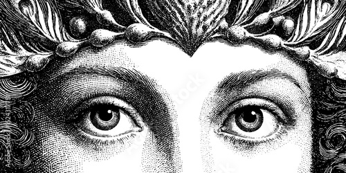 Detailed engraving of hera with crown and pea motif