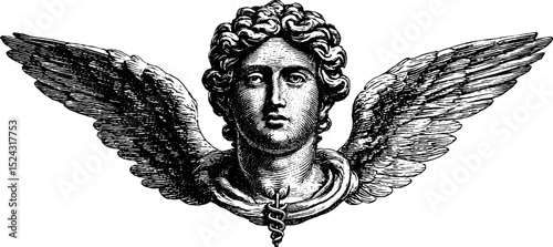 Hermes engraving with winged sandals and caduceus design for mythology posters