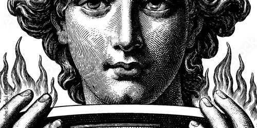 Engraved illustration of hestia with hearth flames for mythological art