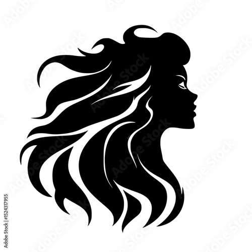 silhouette of the head of a young beautiful woman with long hair in profile beautiful, beauty salon, black, face, girl, hair, head, long, profile, silhouette, woman, young , Generative art.