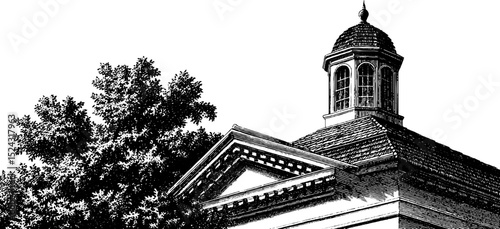 Detailed engraved illustration of italianate architecture featuring rooftop cupola with natural elements