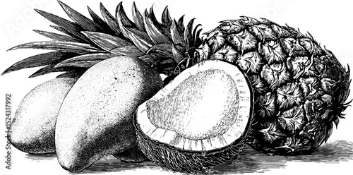 Engraved illustration of juicy tropical fruits featuring pineapple, mango, and coconut for culinary art