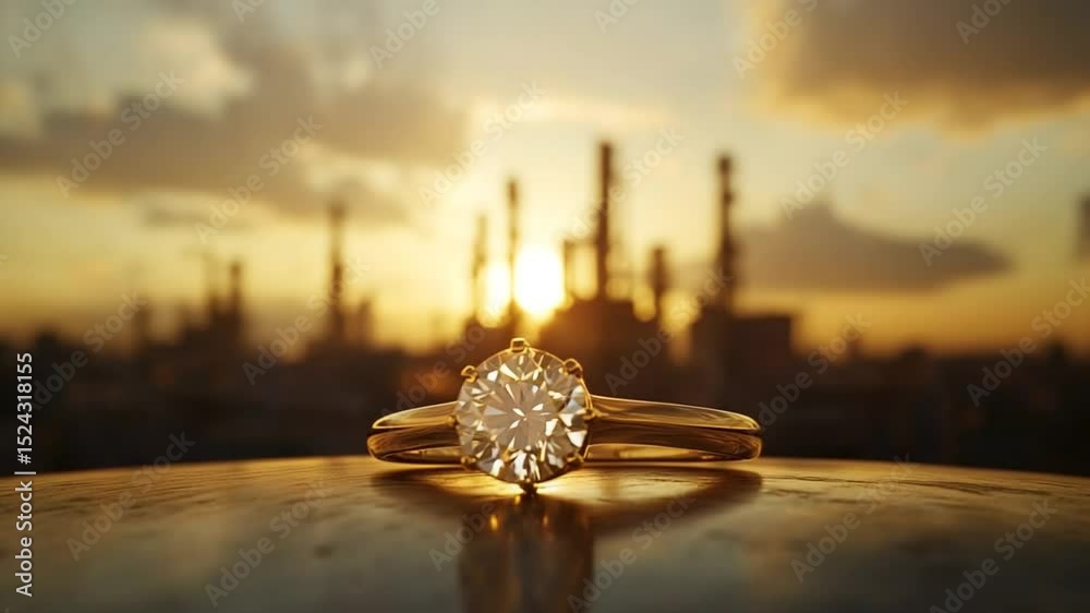 Close-up shot of a gold diamond ring with a blurred industrial backdrop at sunset