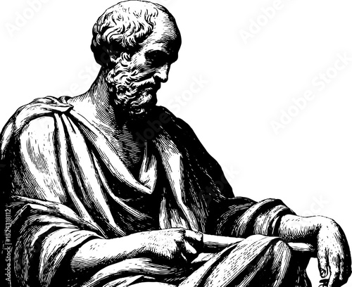 Classical engraved illustration of seated marble statue for art and design
