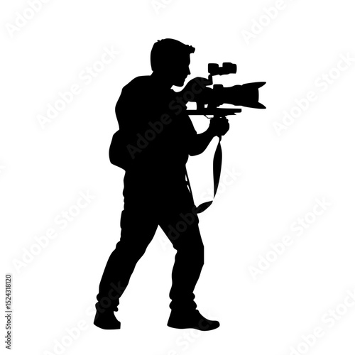 a black and white silhouette of a man shooting a video camera on a tripod black, camera, man, photographer, picture, shoot, silhouette, tripod, video camera , Generative art.