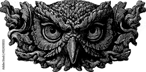 Engraved illustration of metis with owl and scroll - classic 19th century style art design