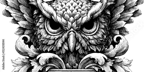 Engraved illustration of metis with symbolic owl and scroll design