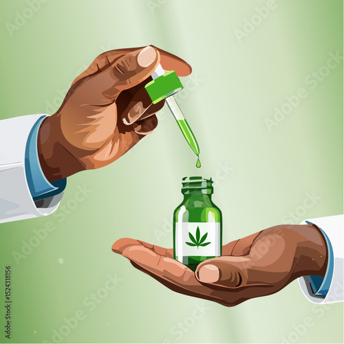 Doctor's hands holding CBD oil dropper above green bottle, showcasing medical application of cannabis oil for therapeutic purposes in a clinical environment with copy space