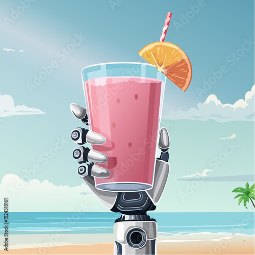 Robotic hand holding a refreshing pink smoothie with a slice of orange and a straw, set against a vibrant beach scene with clear skies and gentle waves