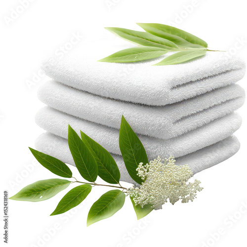 Soft White Towels Stacked with Green Leaves and Blossoms Isolated on White Background for Spa, Wellness, and Home Decor Imagery