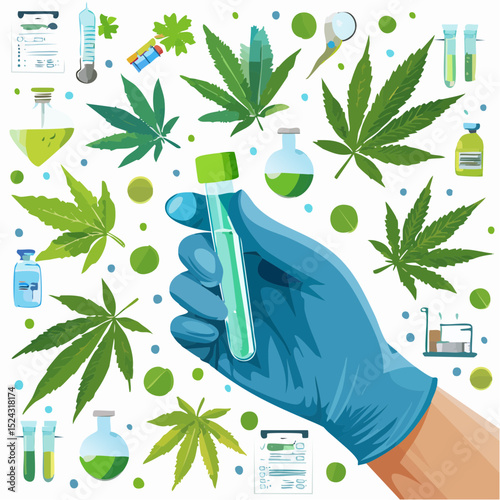 Lab technician's gloved hand holding cannabis extract in a test tube surrounded by medical tools and cannabis leaves, illustrating the process of cannabis extraction and analysis