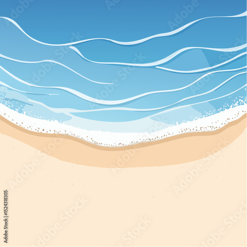 Vibrant flat illustration of a serene beach scene featuring gentle waves lapping at the sandy shore under a clear blue sky, evoking a sense of relaxation and tranquility